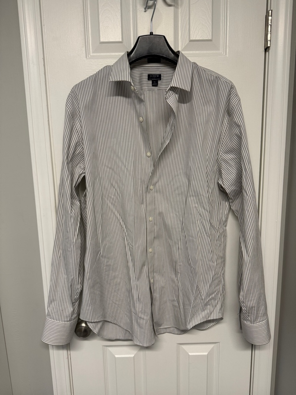 J. Crew Men's White Shirt with Thin Black Stripes